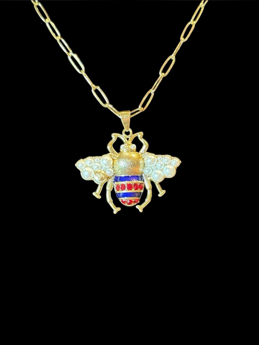 Gucci Gold Bee Pendant Necklace with Red, Blue and White Accents